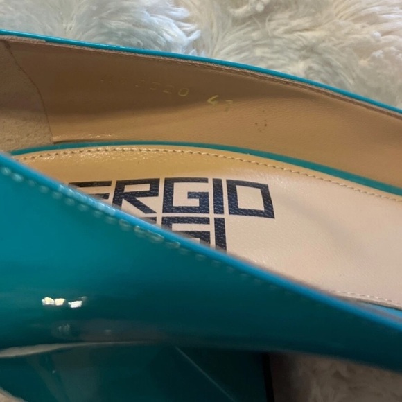 Sergio Rossi Chunky Block Heel Turquoise Patent Leather Pointed Toe Pumps 10 NEW - Picture 8 of 9